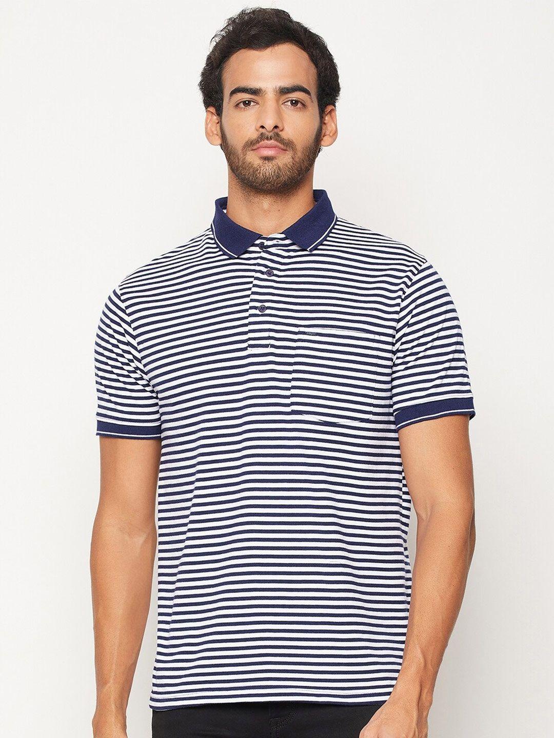 okane men white & navy blue striped polo collar t-shirt