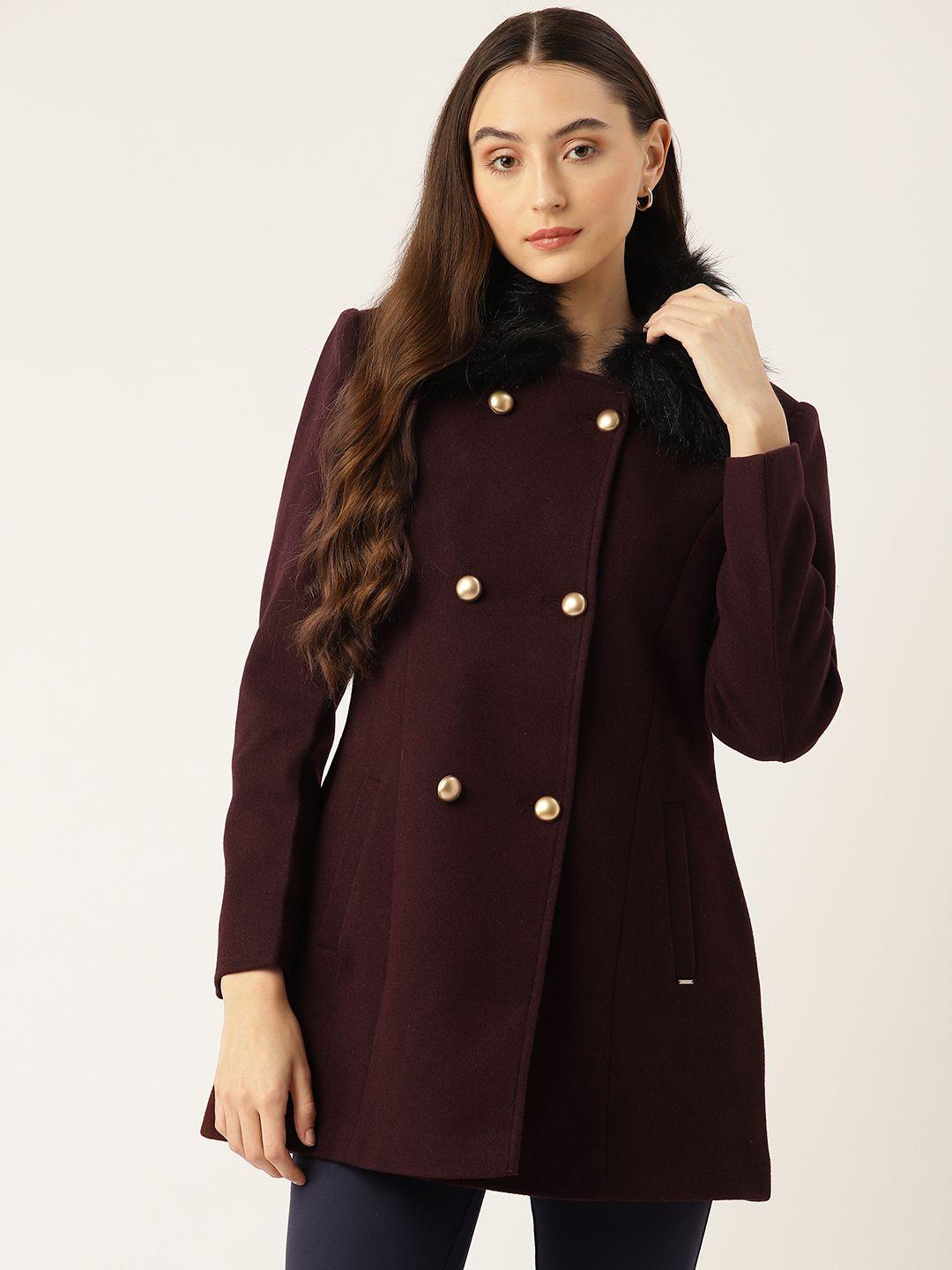 okane solid double-breasted detachable faux fur collar overcoat