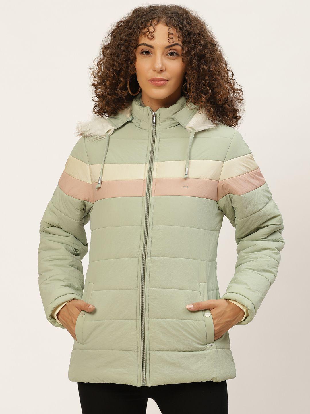 okane women green striped detachable hood parka jacket