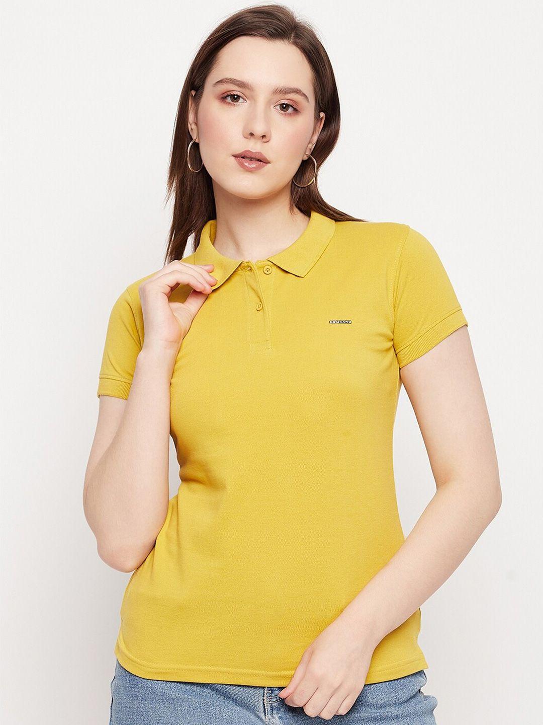 okane women mustard yellow polo collar t-shirt