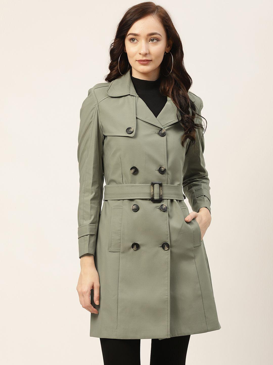 okane women olive green solid longline trench coat & belt