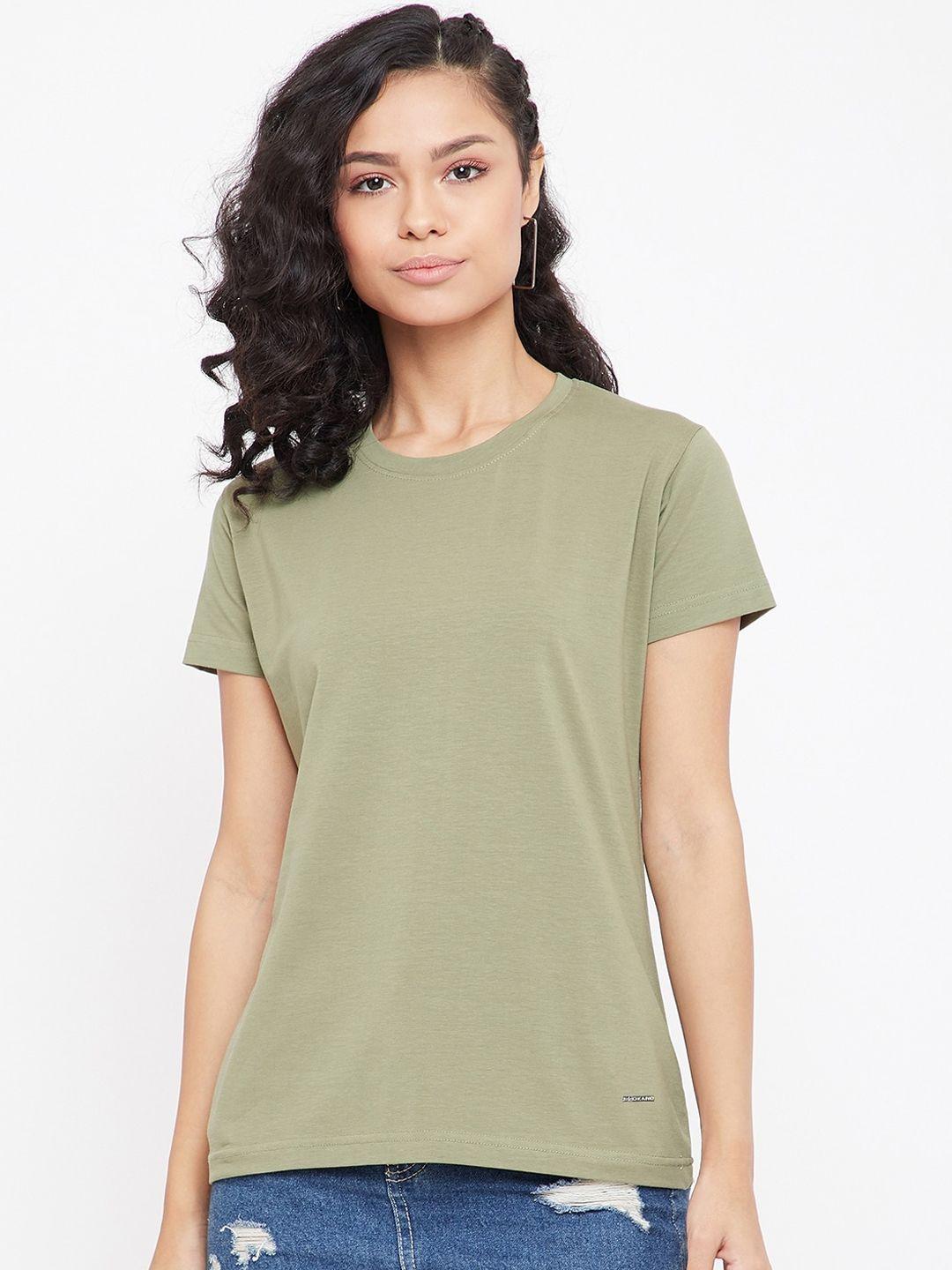 okane women olive green solid round neck t-shirt