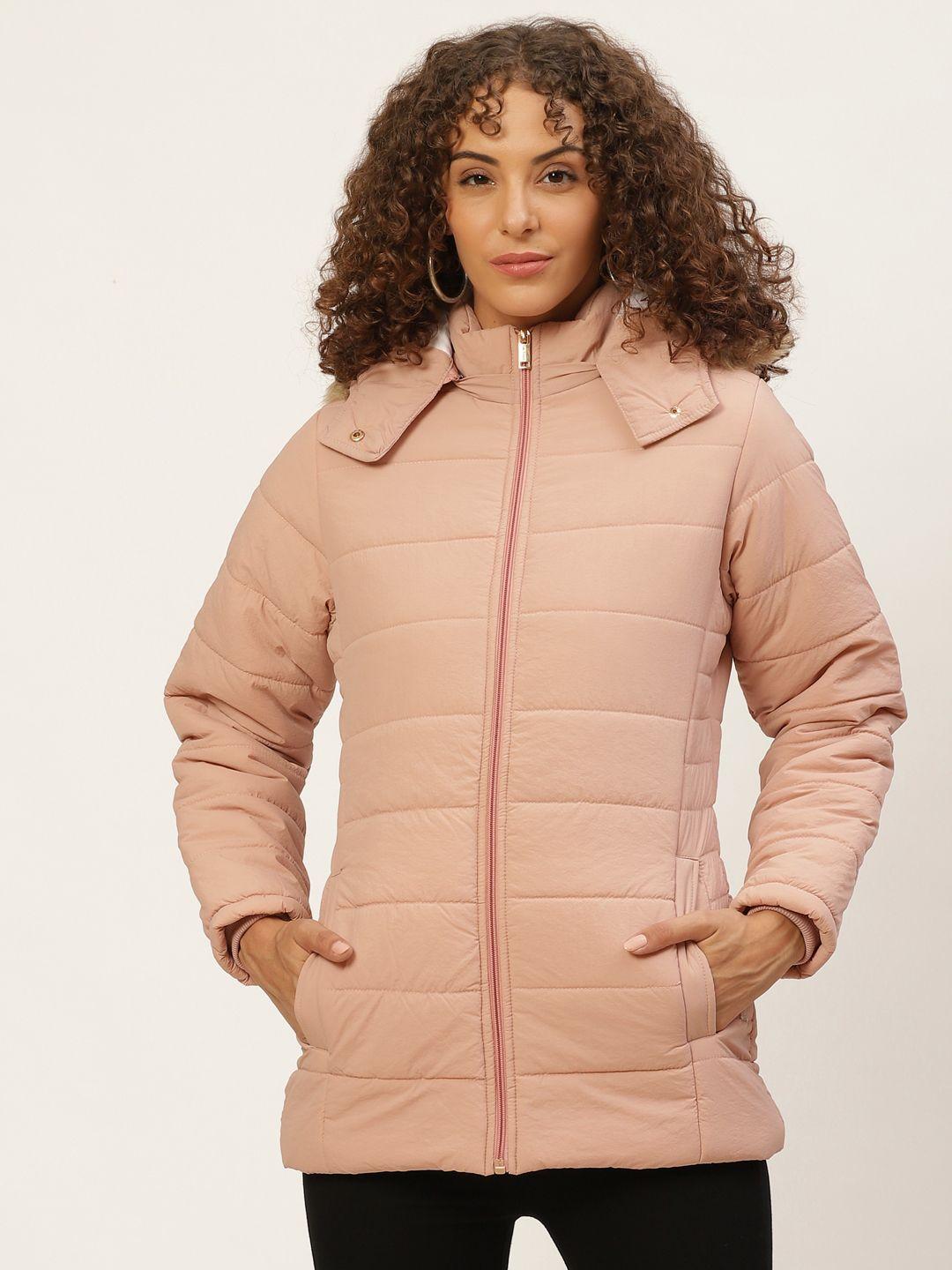 okane women peach-coloured solid parka jacket with detachable hood