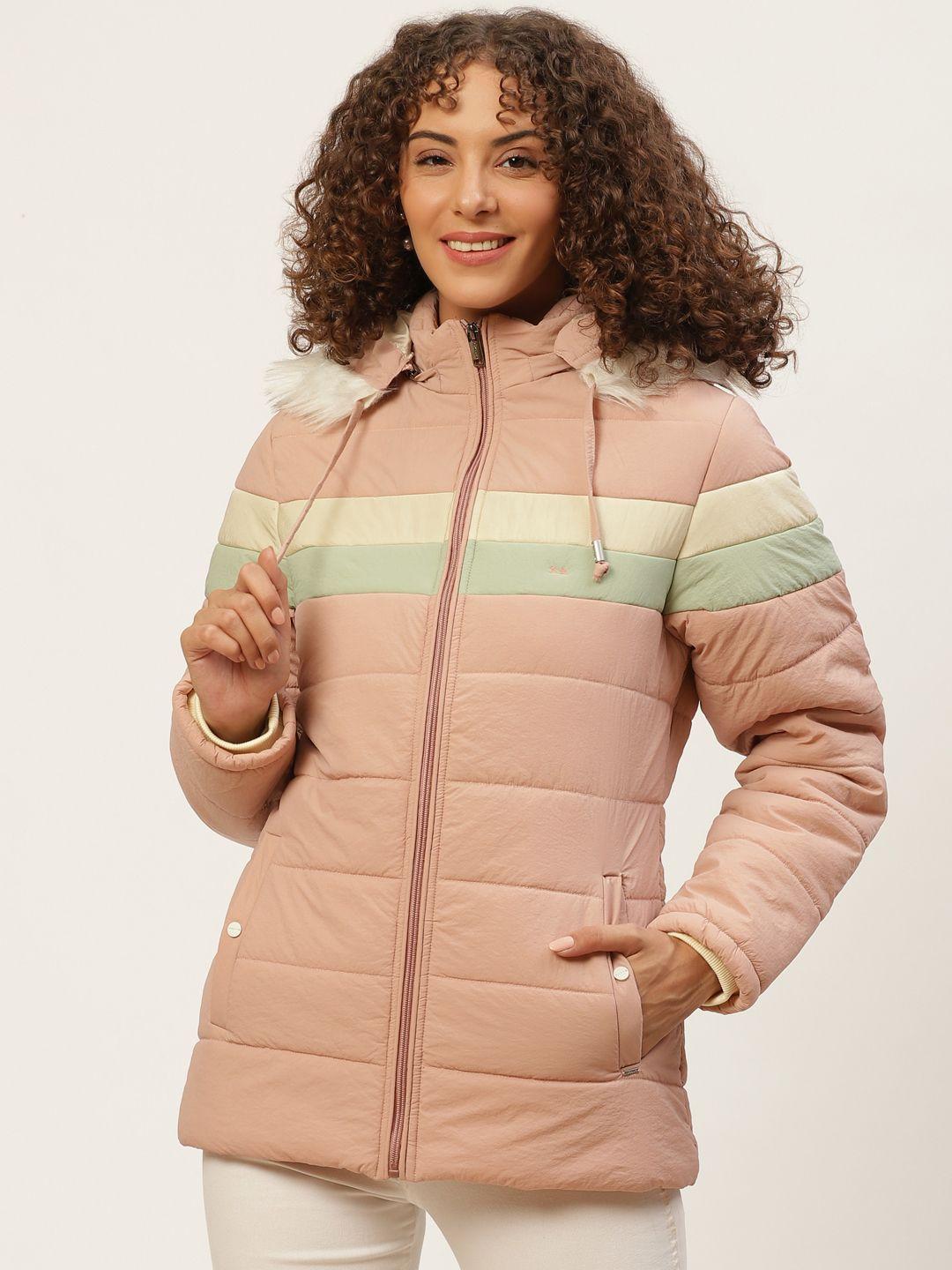 okane women peach-coloured striped detachable hood parka jacket