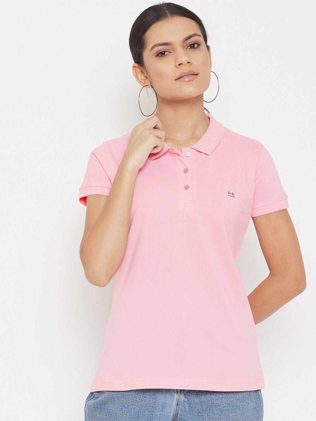 okane women pink polo collar slim fit t-shirt