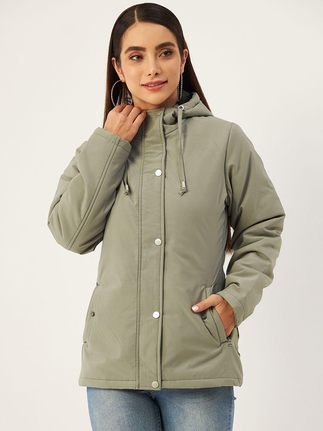 okane women sage green solid hooded padded jacket