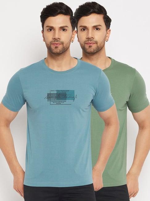 okane blue & green regular fit printed t-shirt - pack of 2