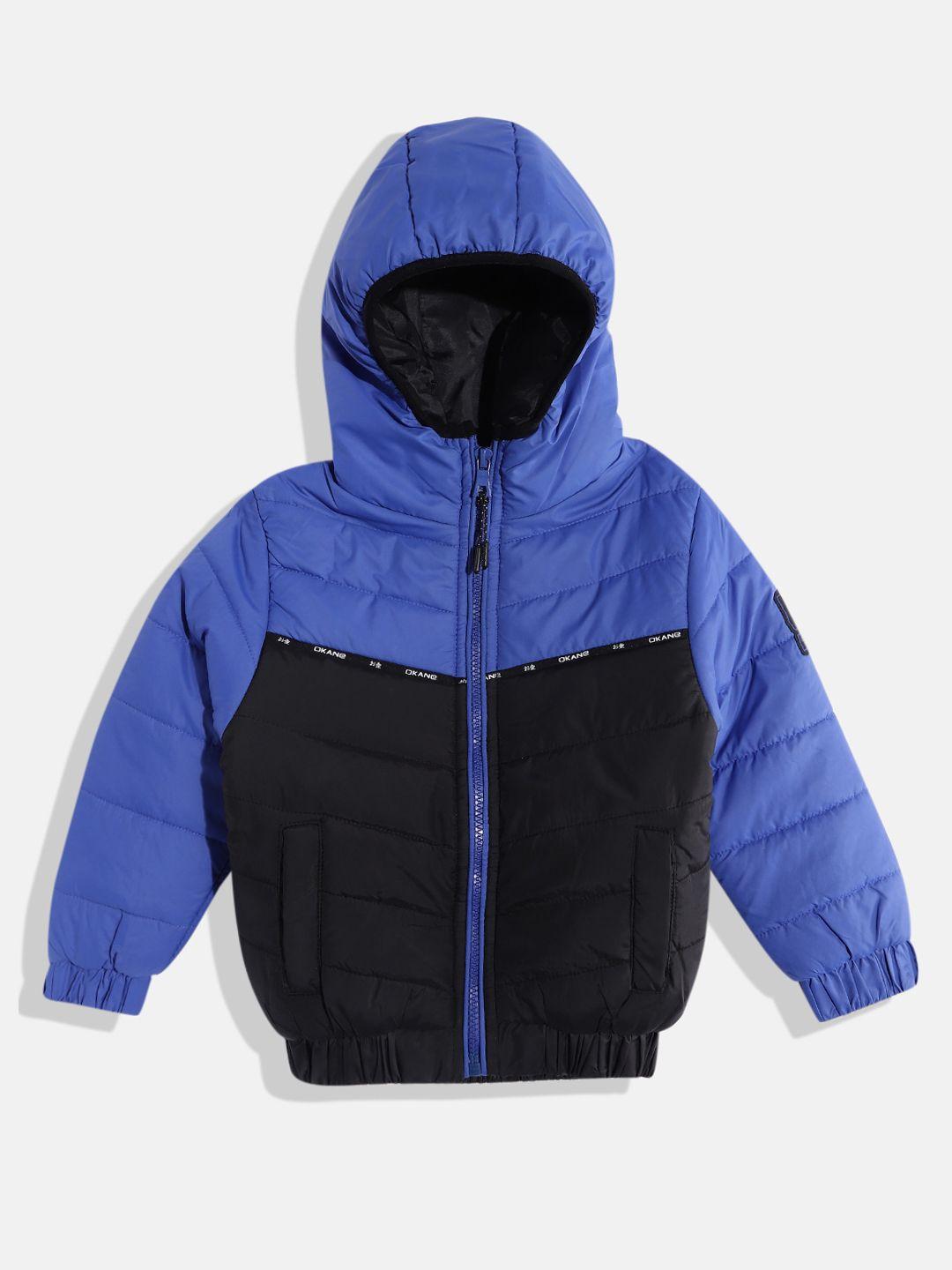 okane boys blue & black hooded colourblocked padded jacket