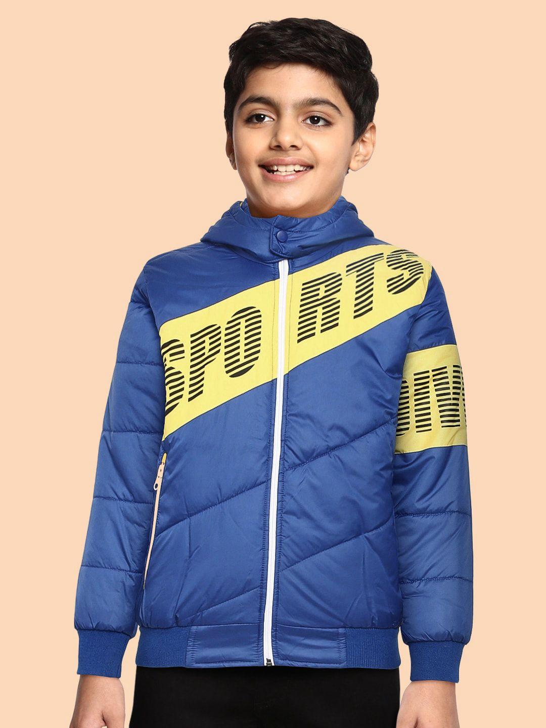 okane boys blue & yellow typography& striped detail bomber jacket with detachable hood