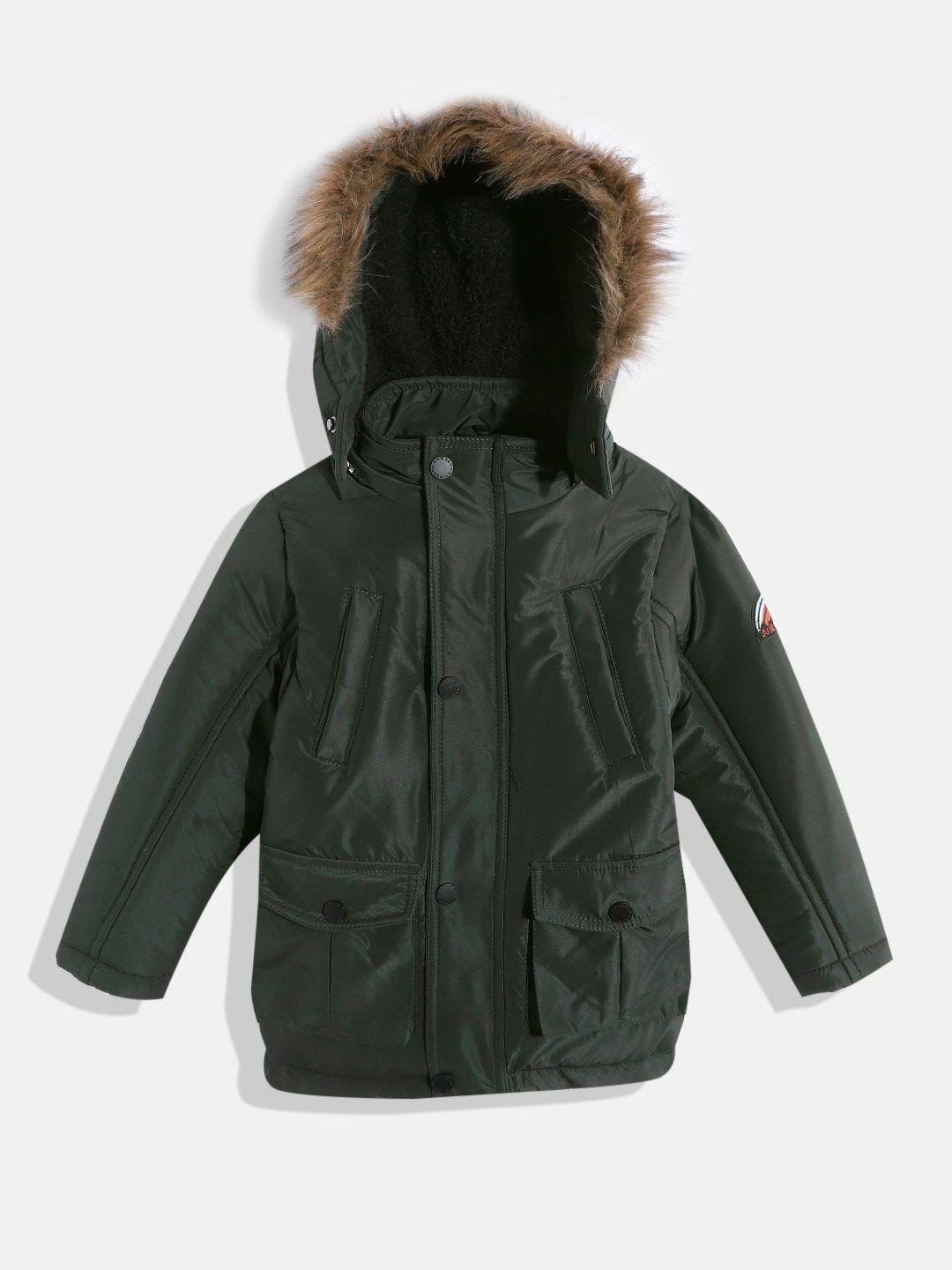 okane boys green solid hooded parka jacket