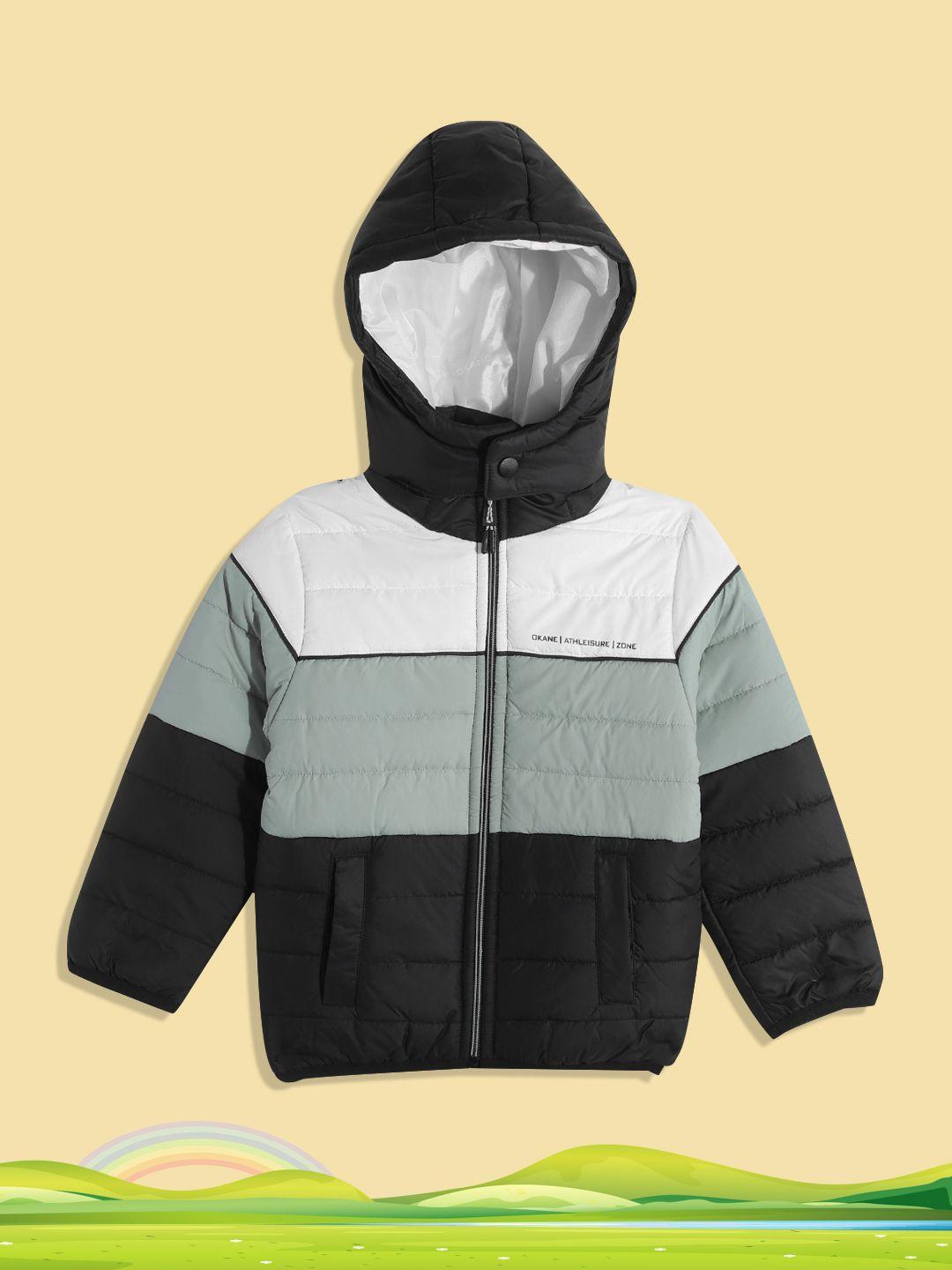 okane boys mint green & black striped detachable hood padded jacket