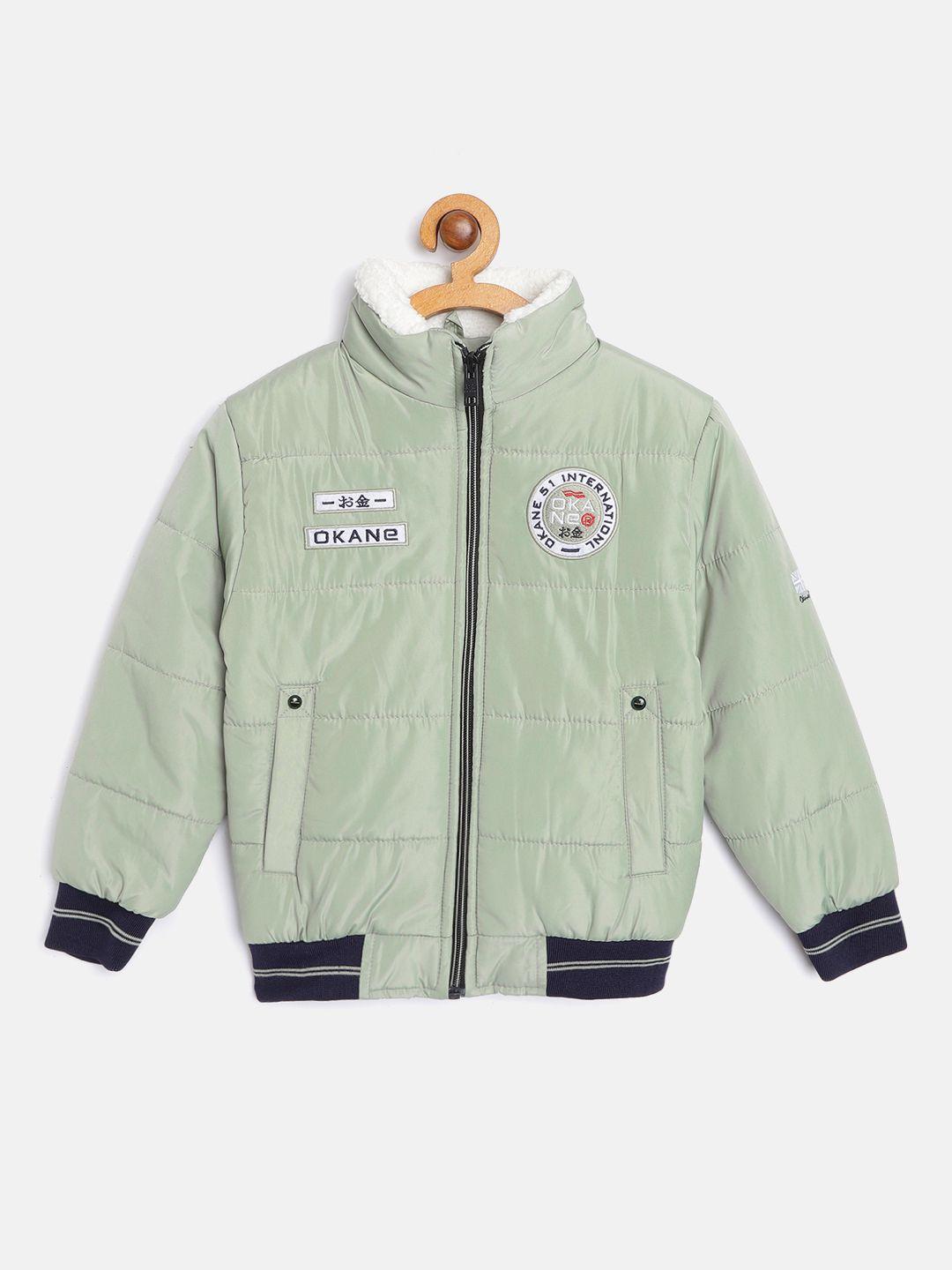 okane boys mint green solid bomber jacket with applique detail