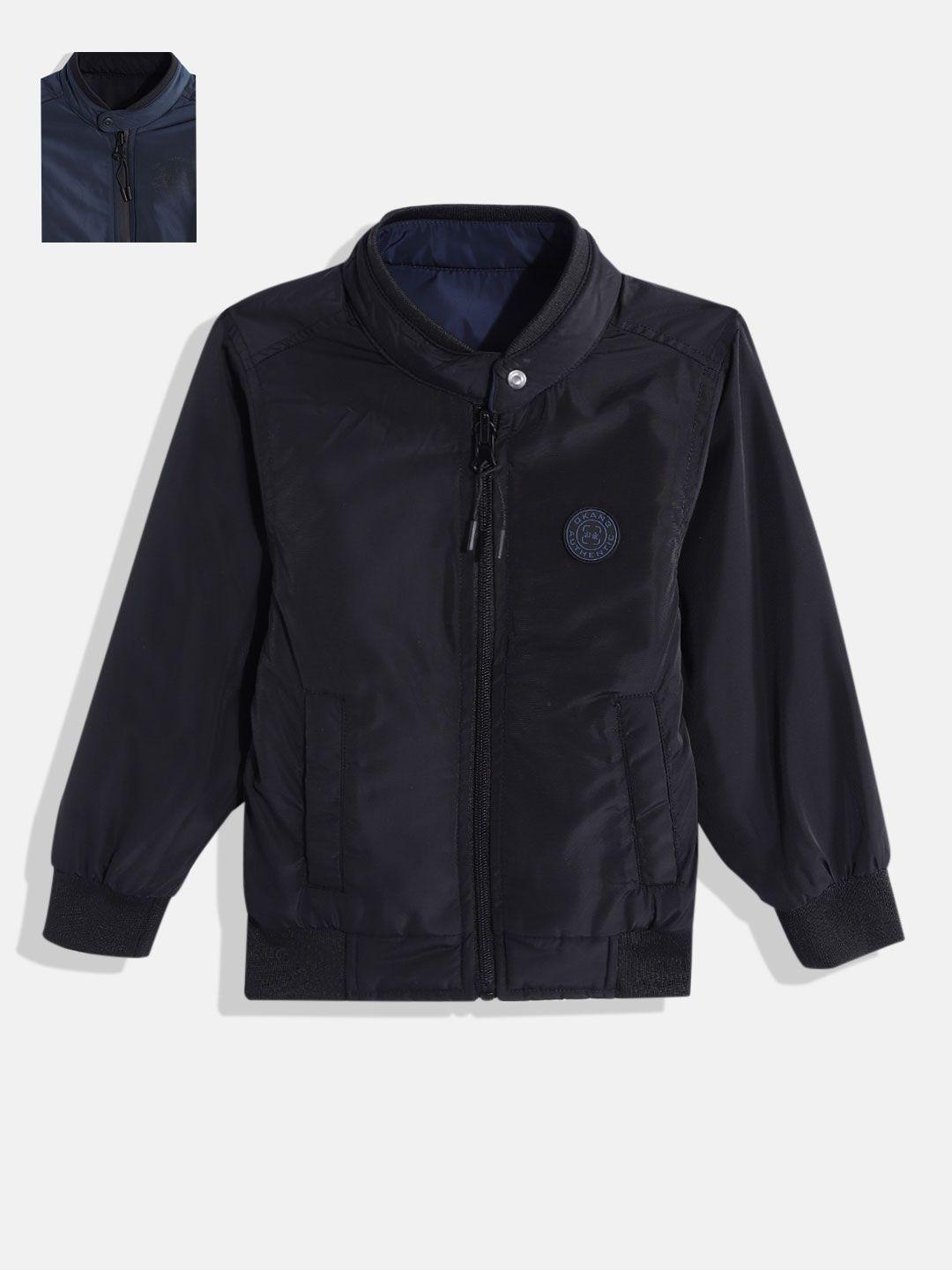 okane boys navy blue & black solid reversible bomber jacket