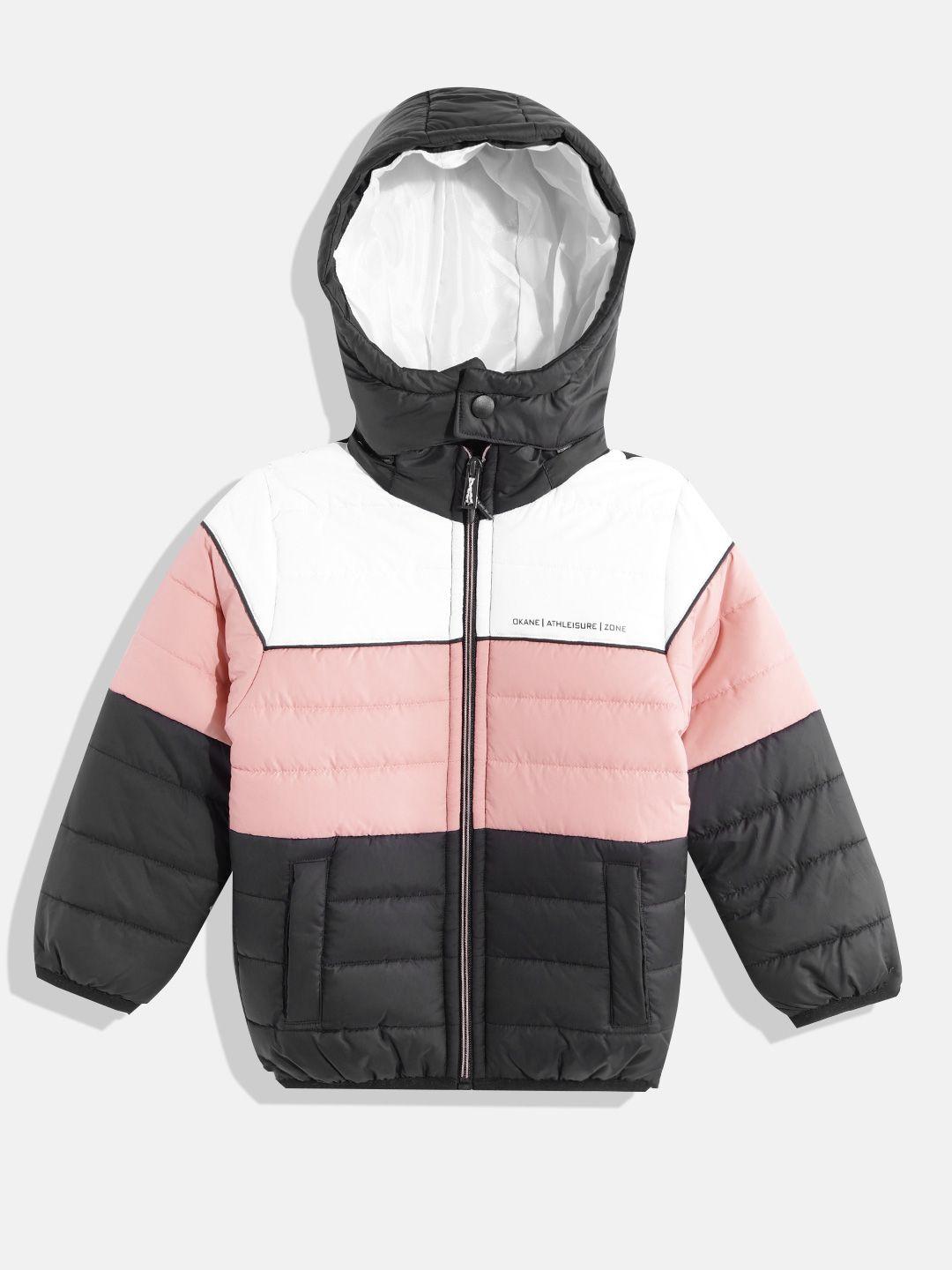 okane boys peach-coloured & black striped detachable hood padded jacket