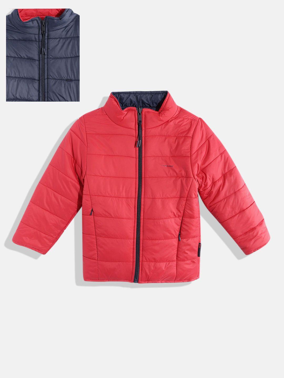 okane boys red & blue solid mock collar reversible padded jacket