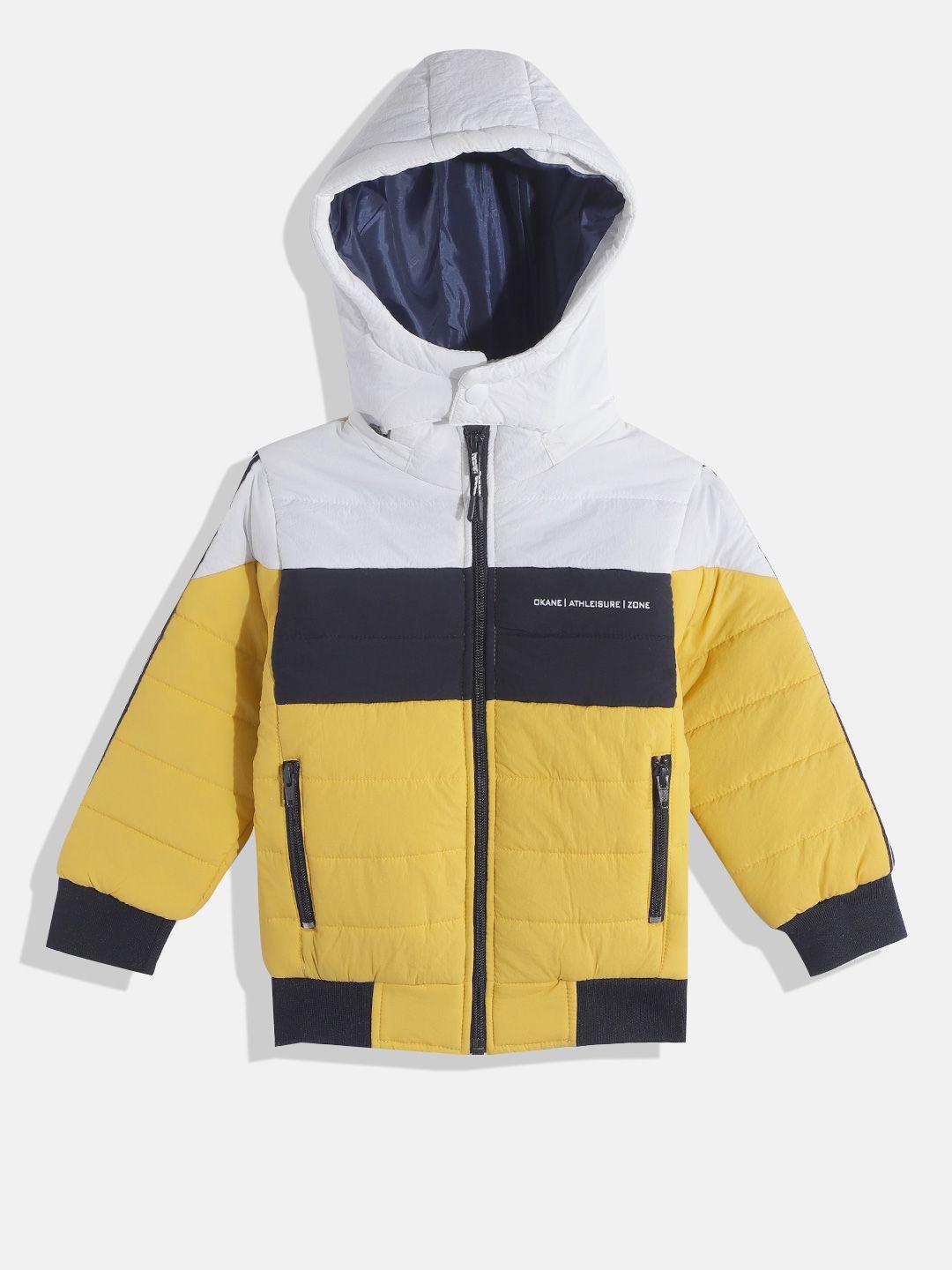 okane boys yellow & black striped detachable hood padded jacket