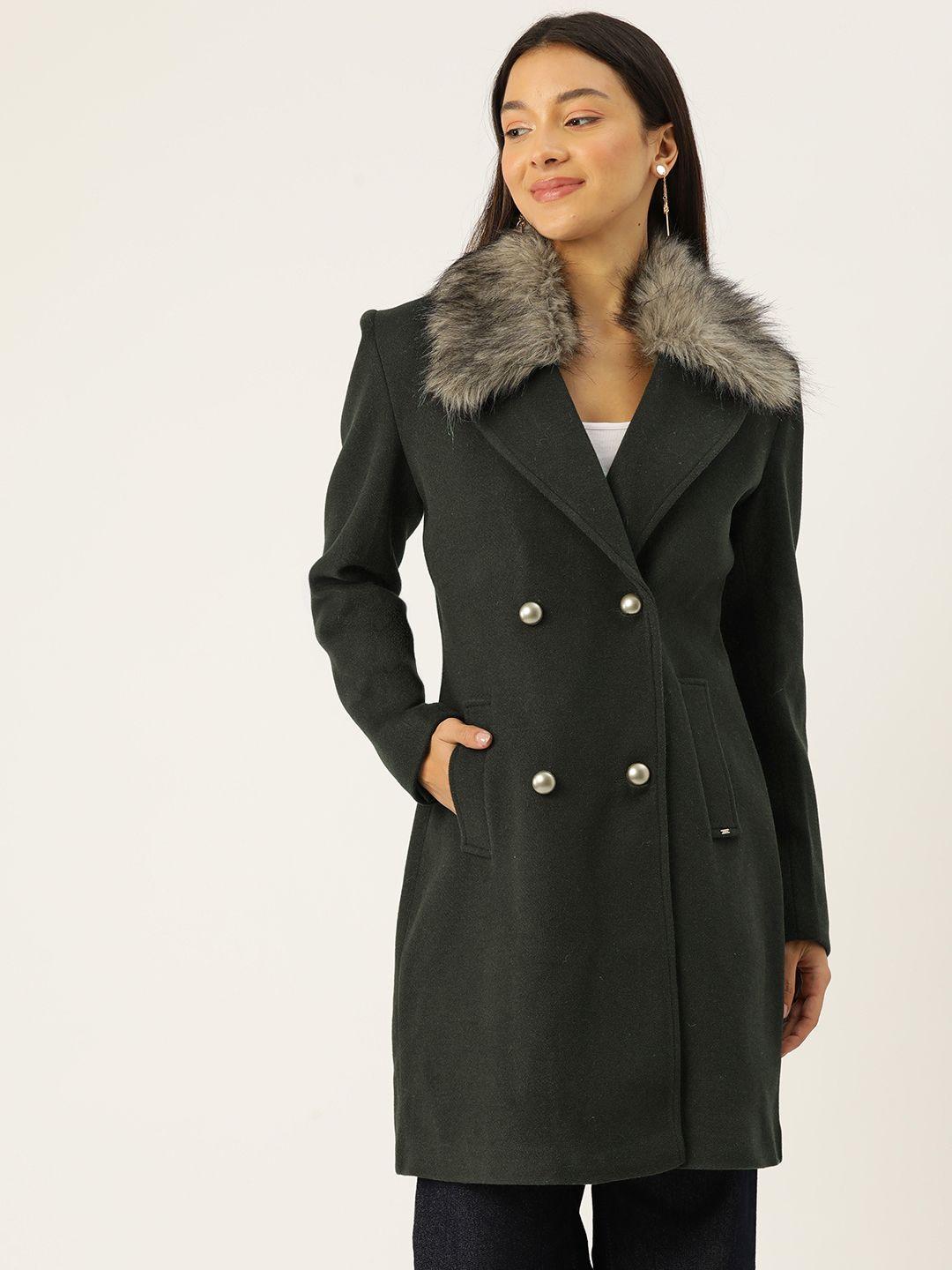 okane double-breasted faux fur collar longline tweed overcoat