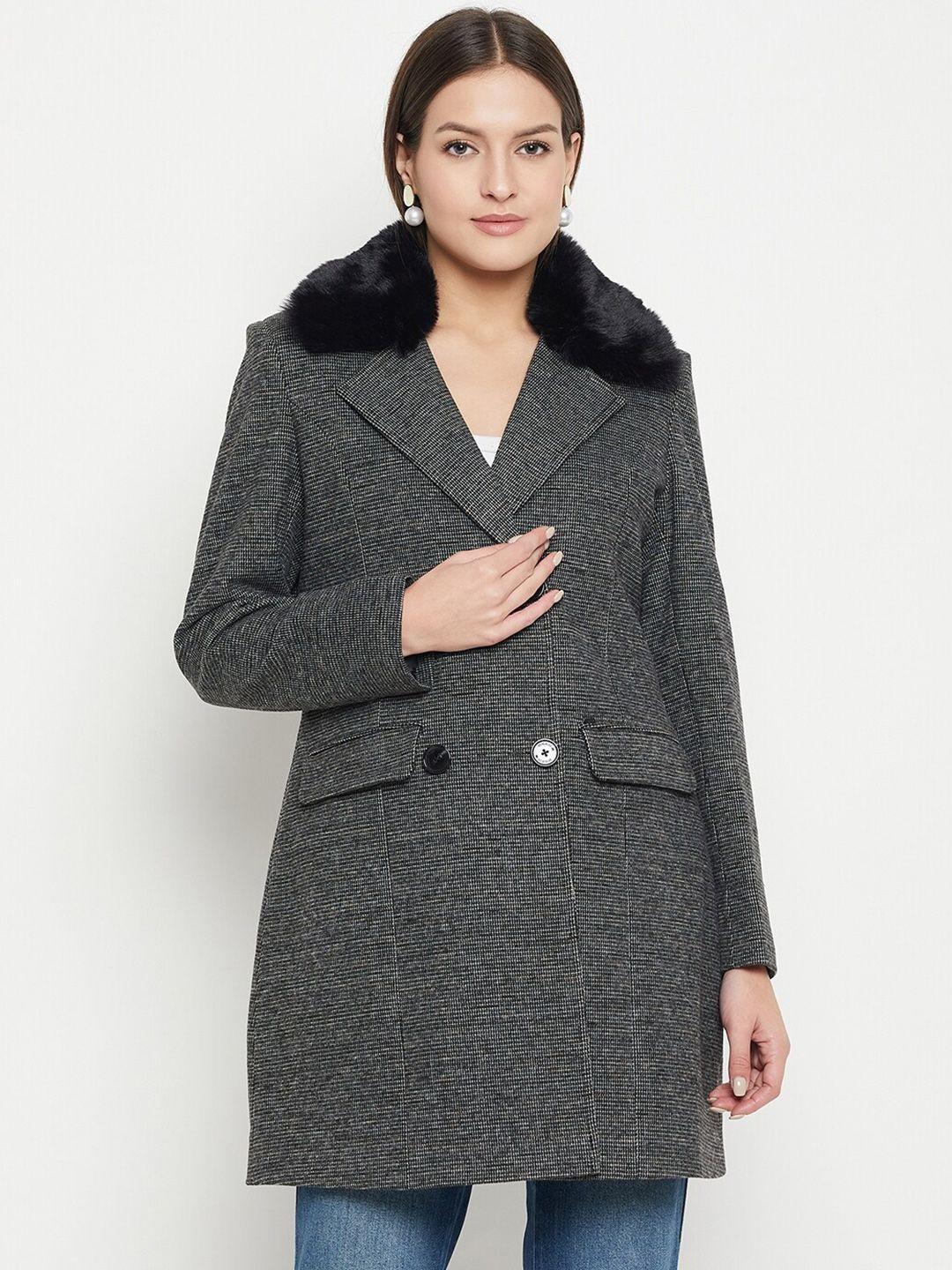 okane faux fur trim notched lapel collar double-breasted overcoat