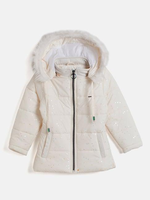 okane kids white printed full sleeves puffer jacket