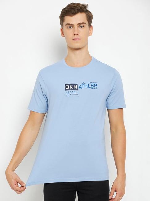 okane light blue regular fit printed crew t-shirt