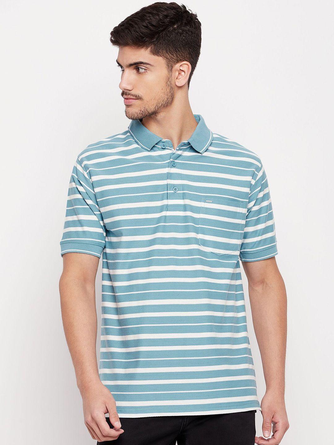 okane men blue striped polo collar pockets t-shirt