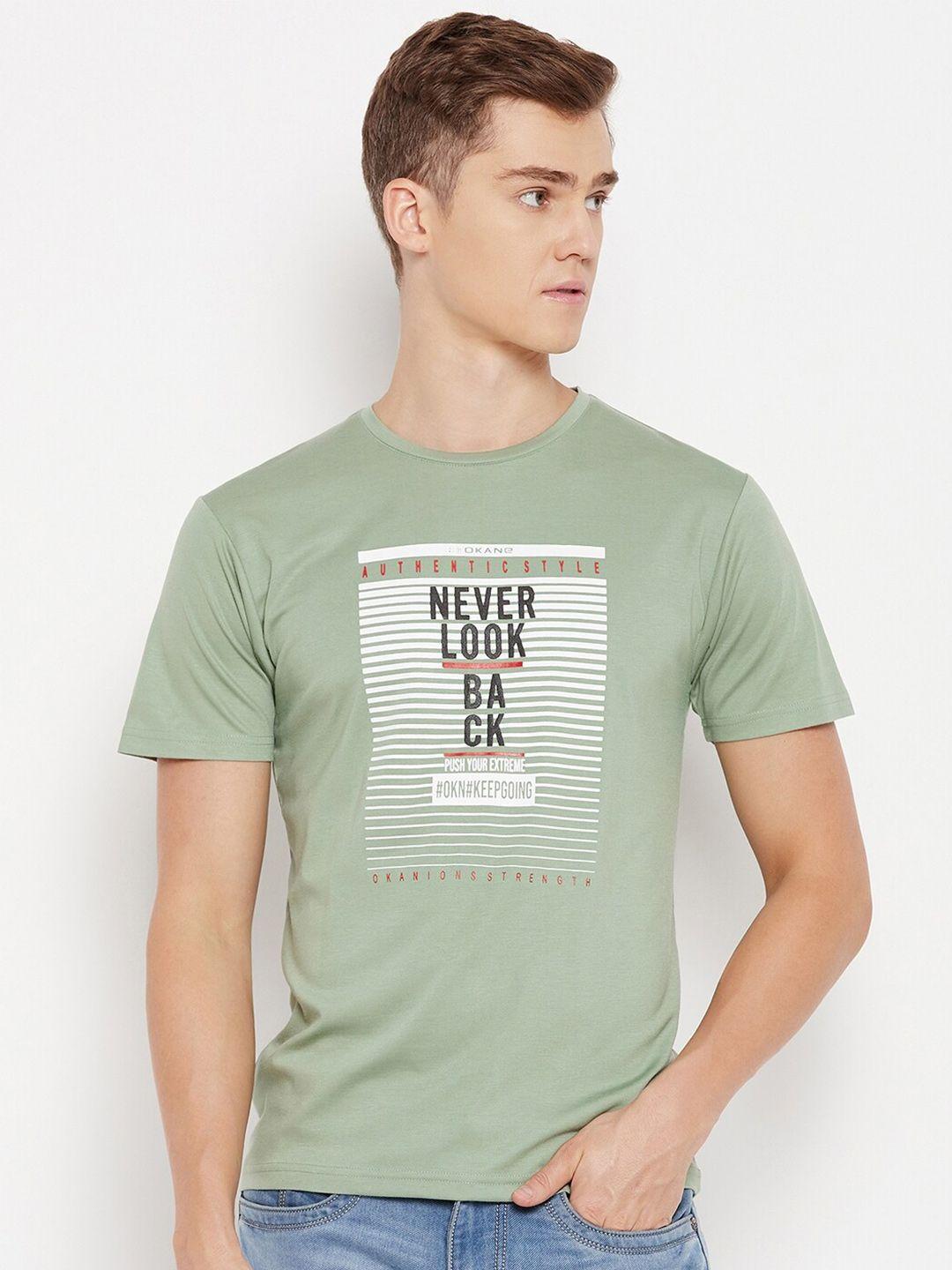 okane men green typography printed raw edge t-shirt