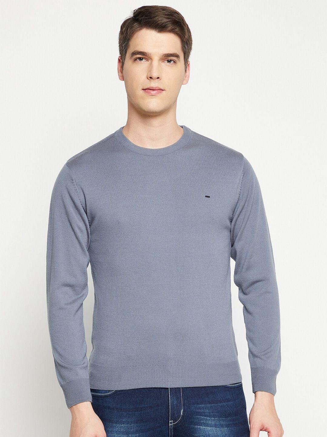 okane men grey solid round neck wool pullover