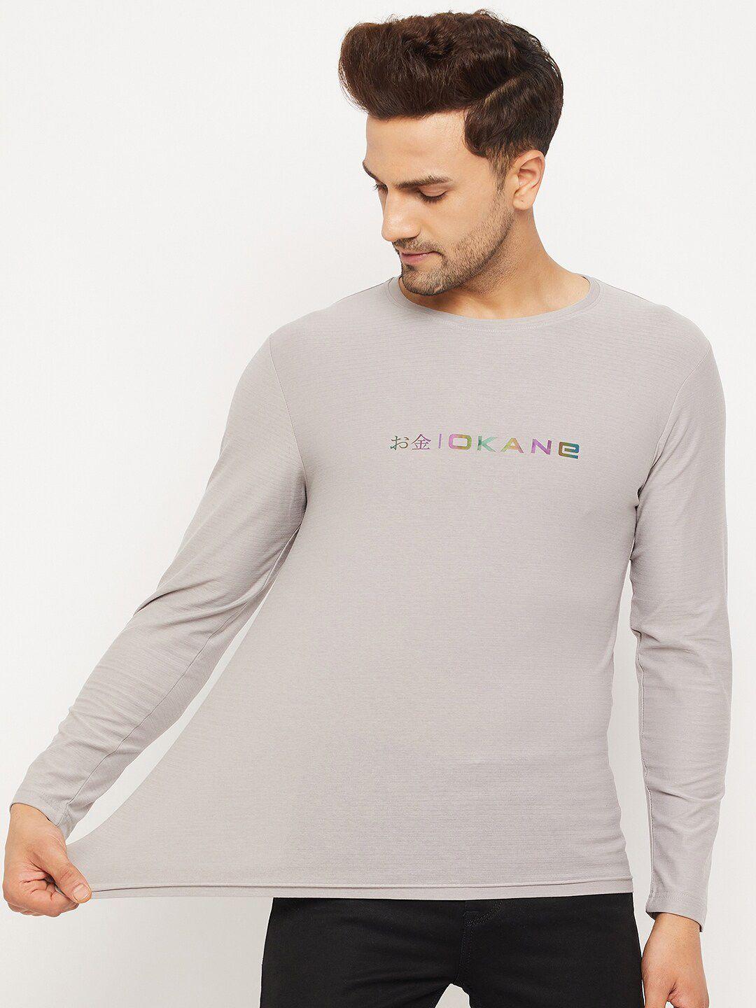 okane men grey typography regular fit full sleeve t-shirt