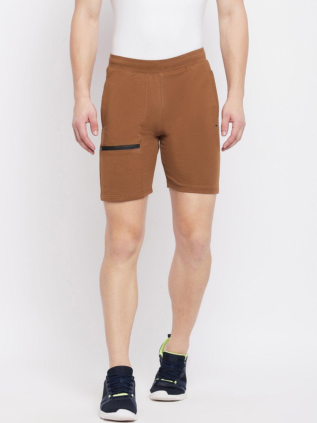 okane men khaki regular fit solid cotton sports shorts