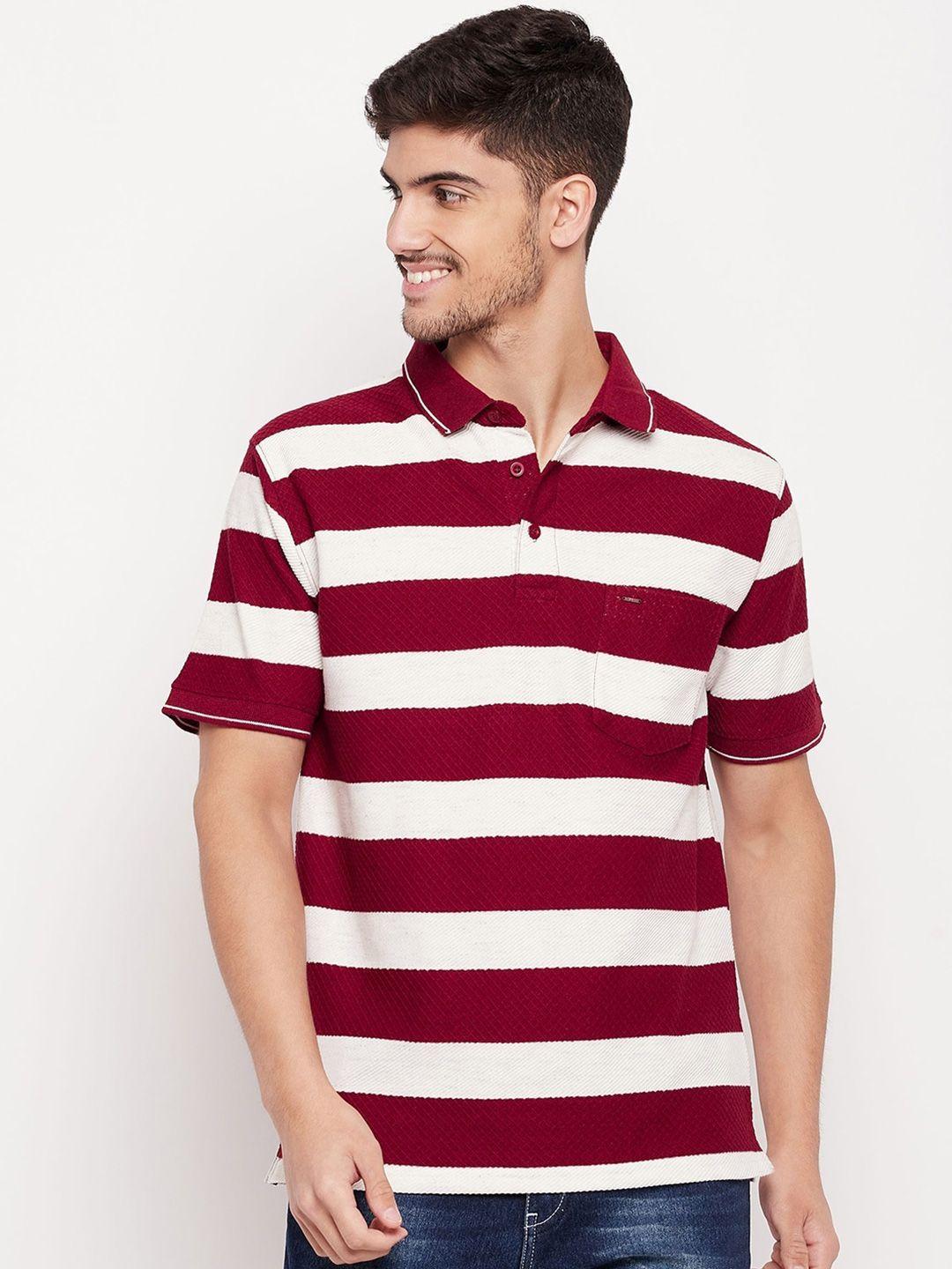 okane men maroon striped polo collar pockets t-shirt