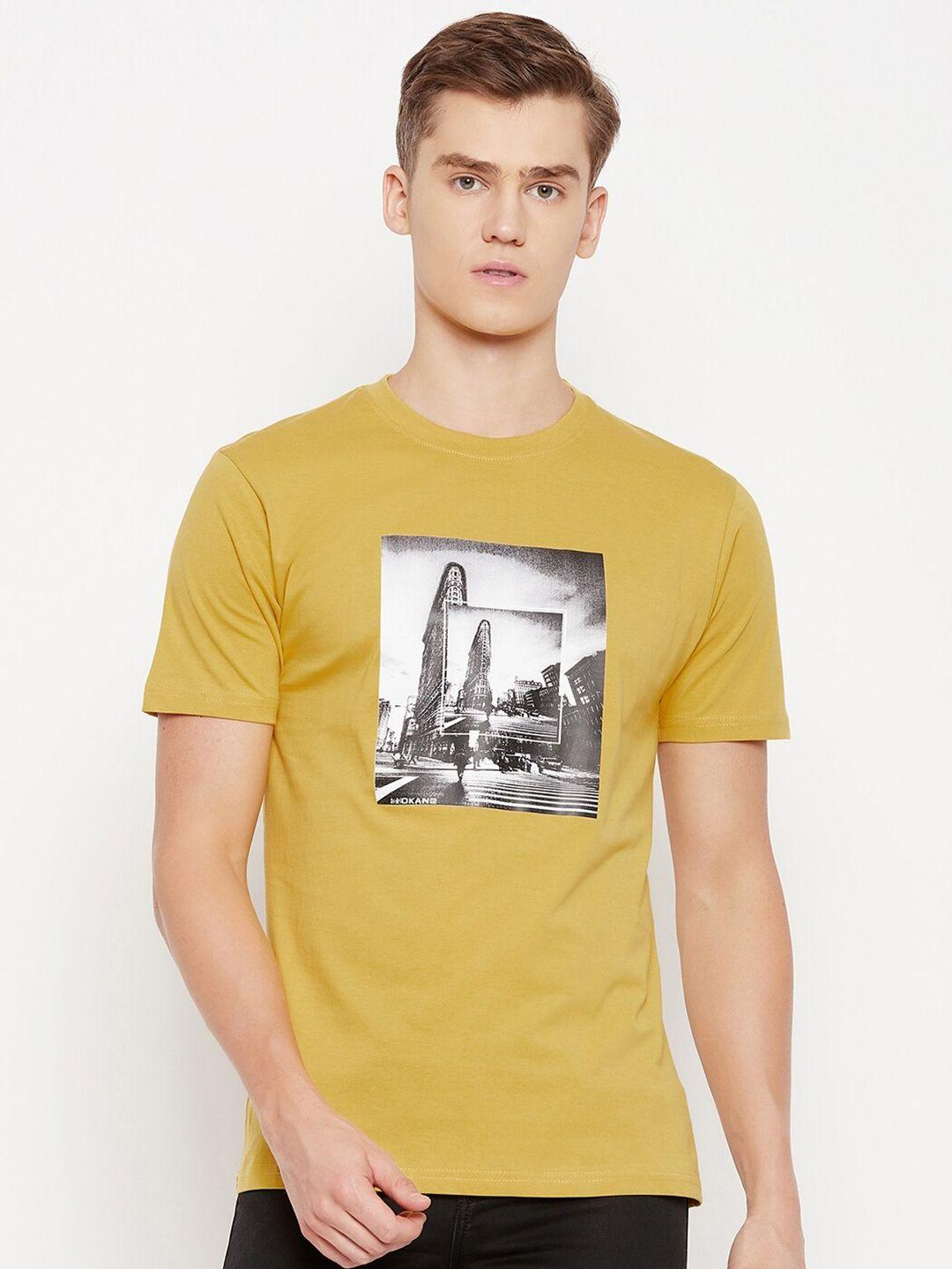 okane men mustard yellow printed applique t-shirt