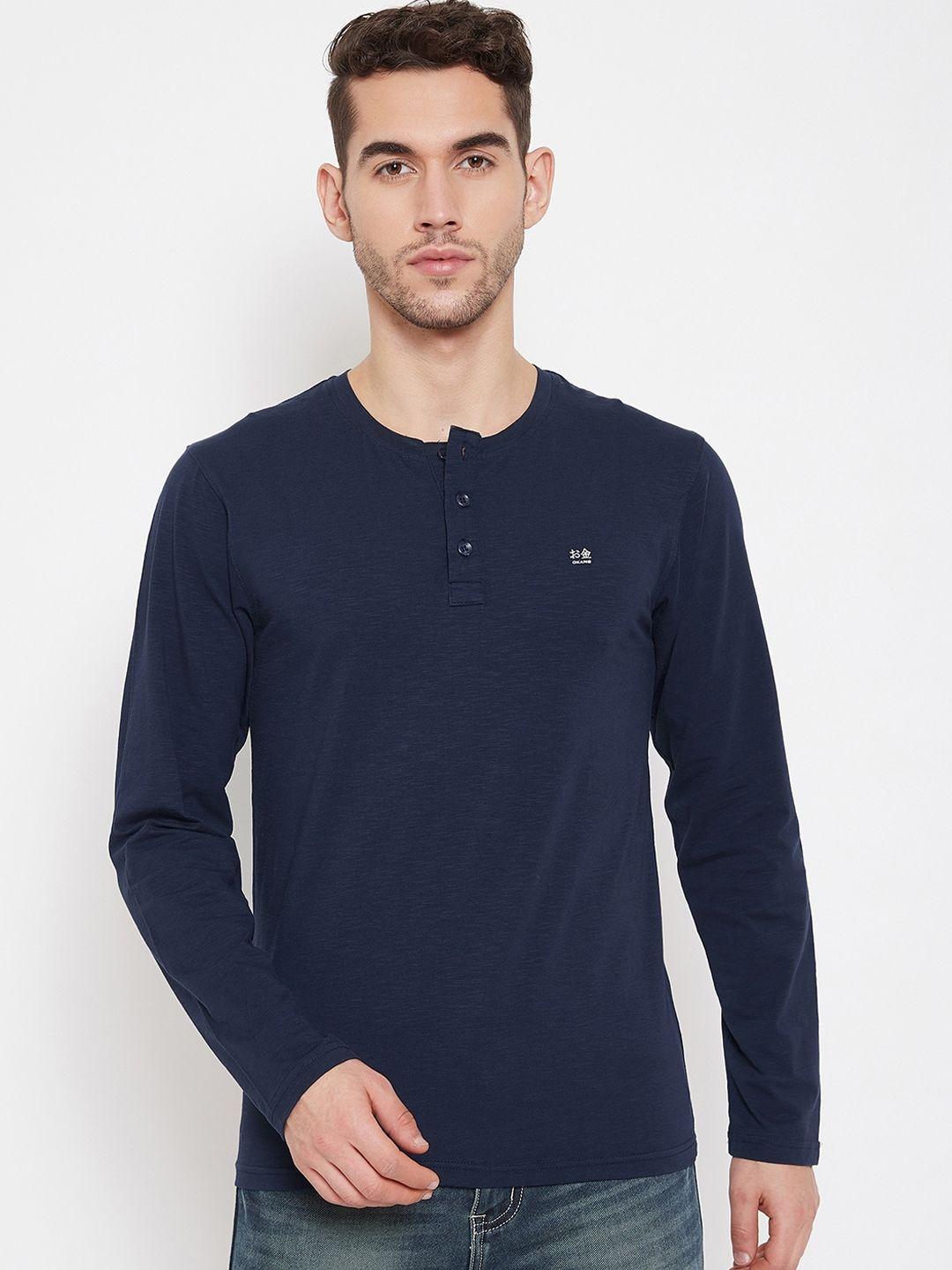 okane men navy blue solid henley neck t-shirt