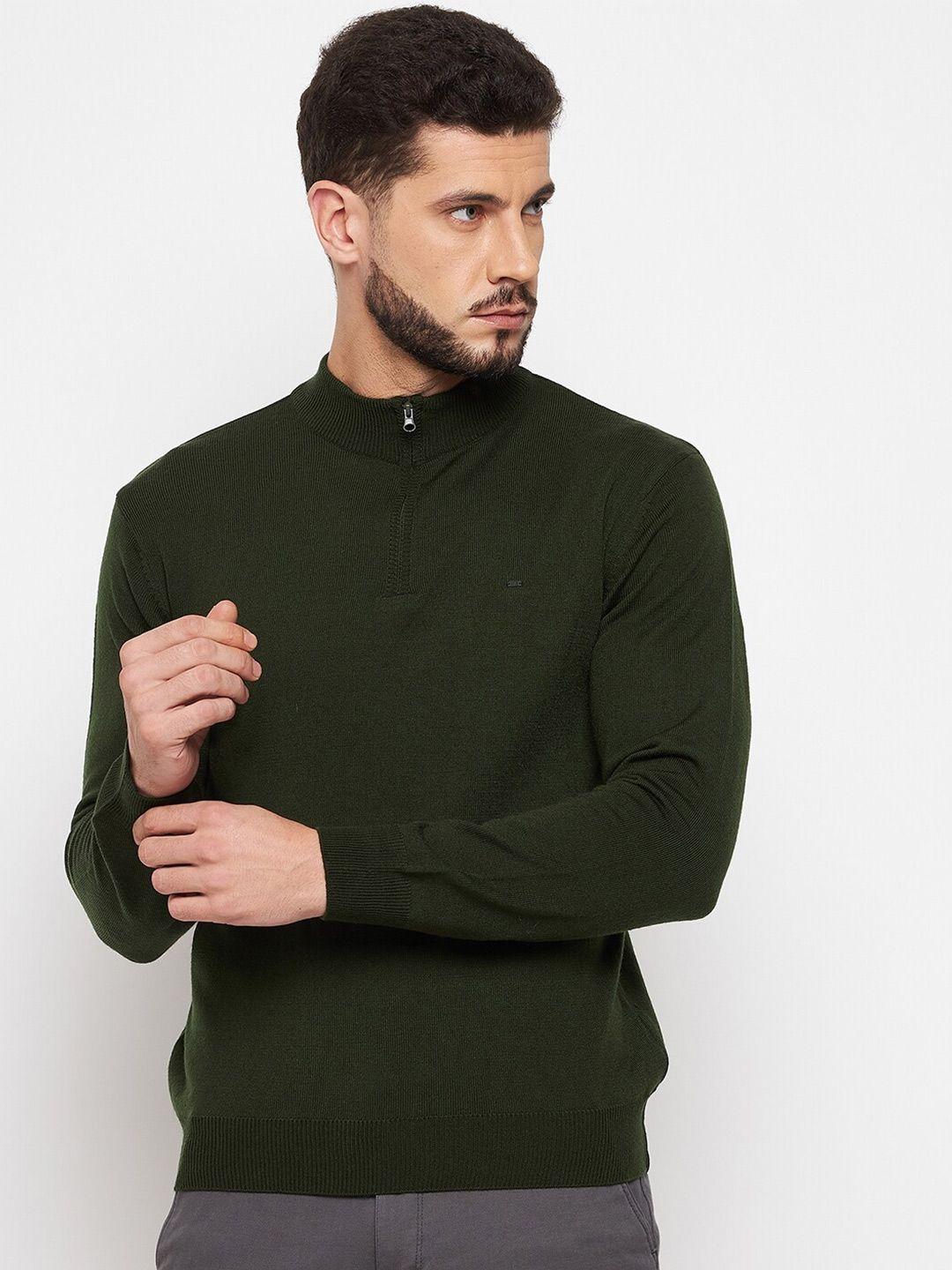 okane men olive green ribbed pullover with zip detail