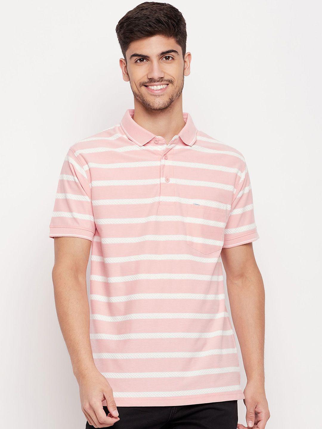 okane men pink striped polo collar pockets t-shirt
