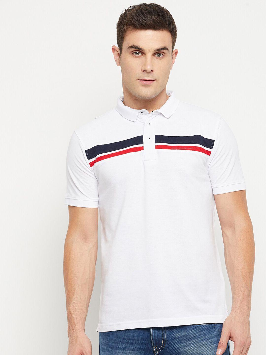 okane men white & navy blue striped polo collar t-shirt