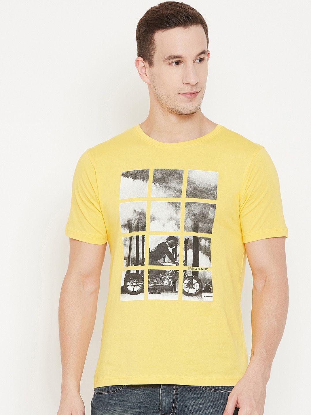 okane men yellow printed round neck t-shirt