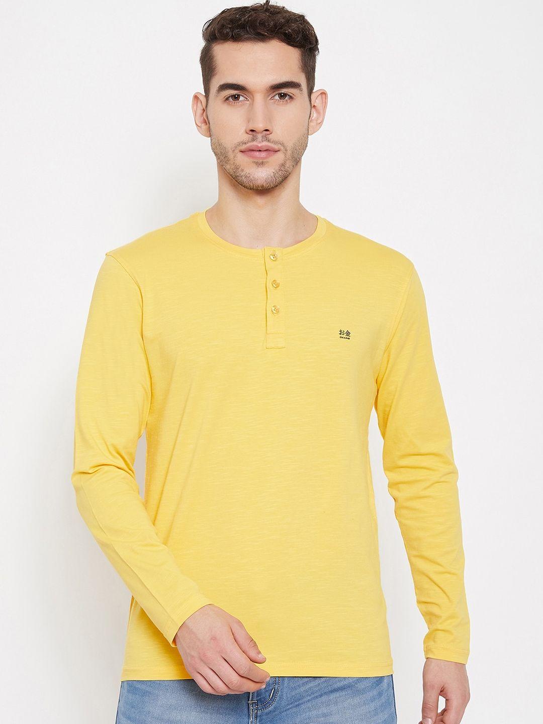 okane men yellow solid henley neck t-shirt