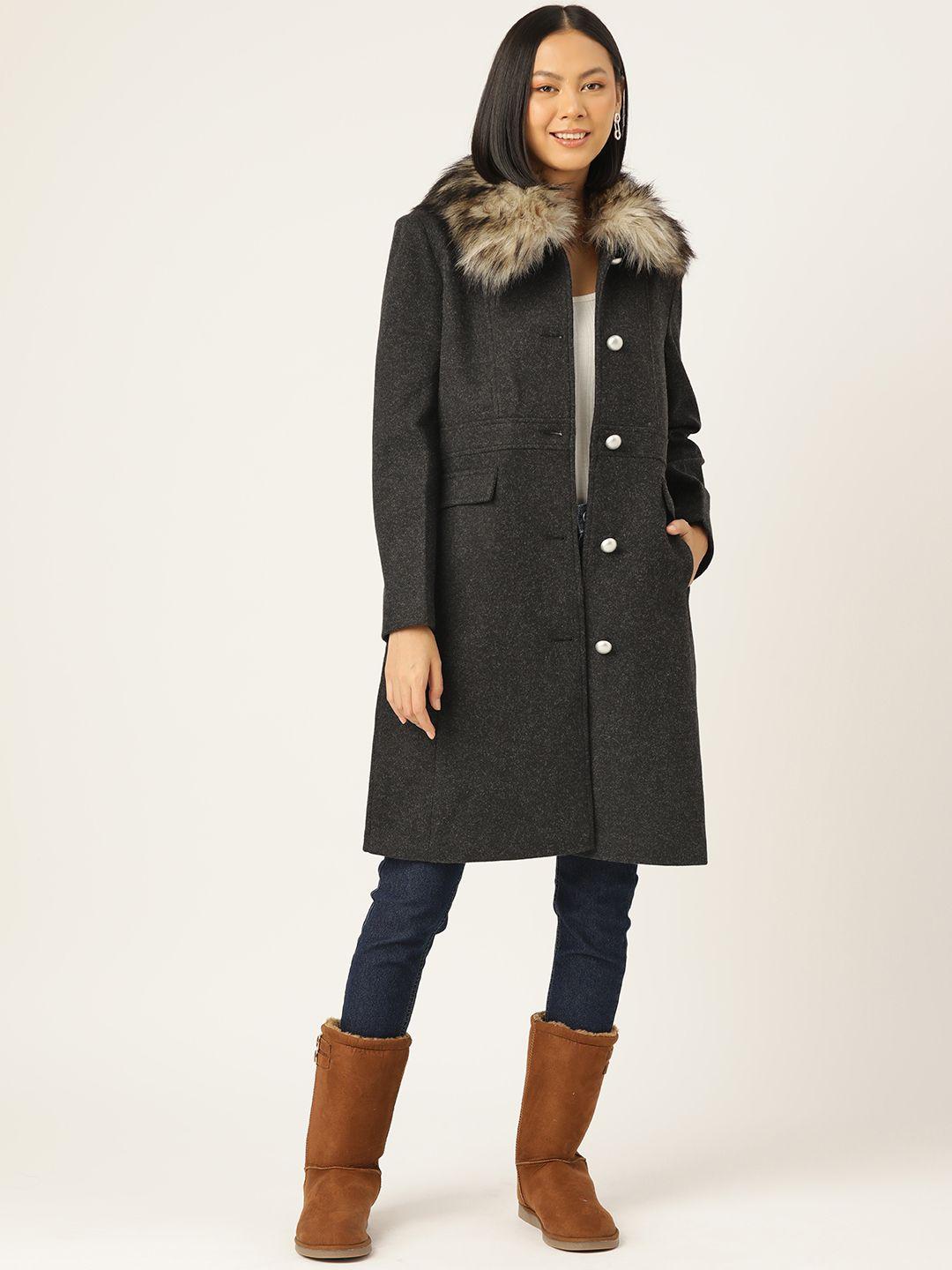 okane single breasted faux fur trim longline overcoat