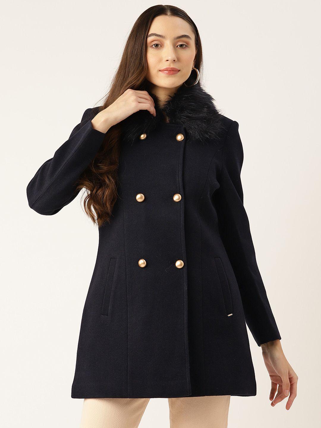 okane solid double-breasted detachable faux fur collar overcoat