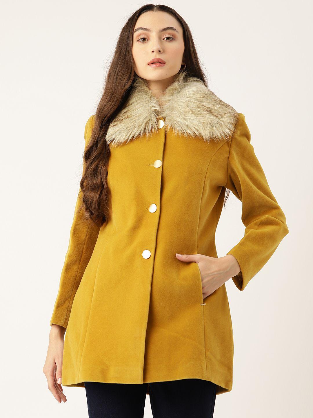 okane solid regular length detachable faux fur collar overcoat