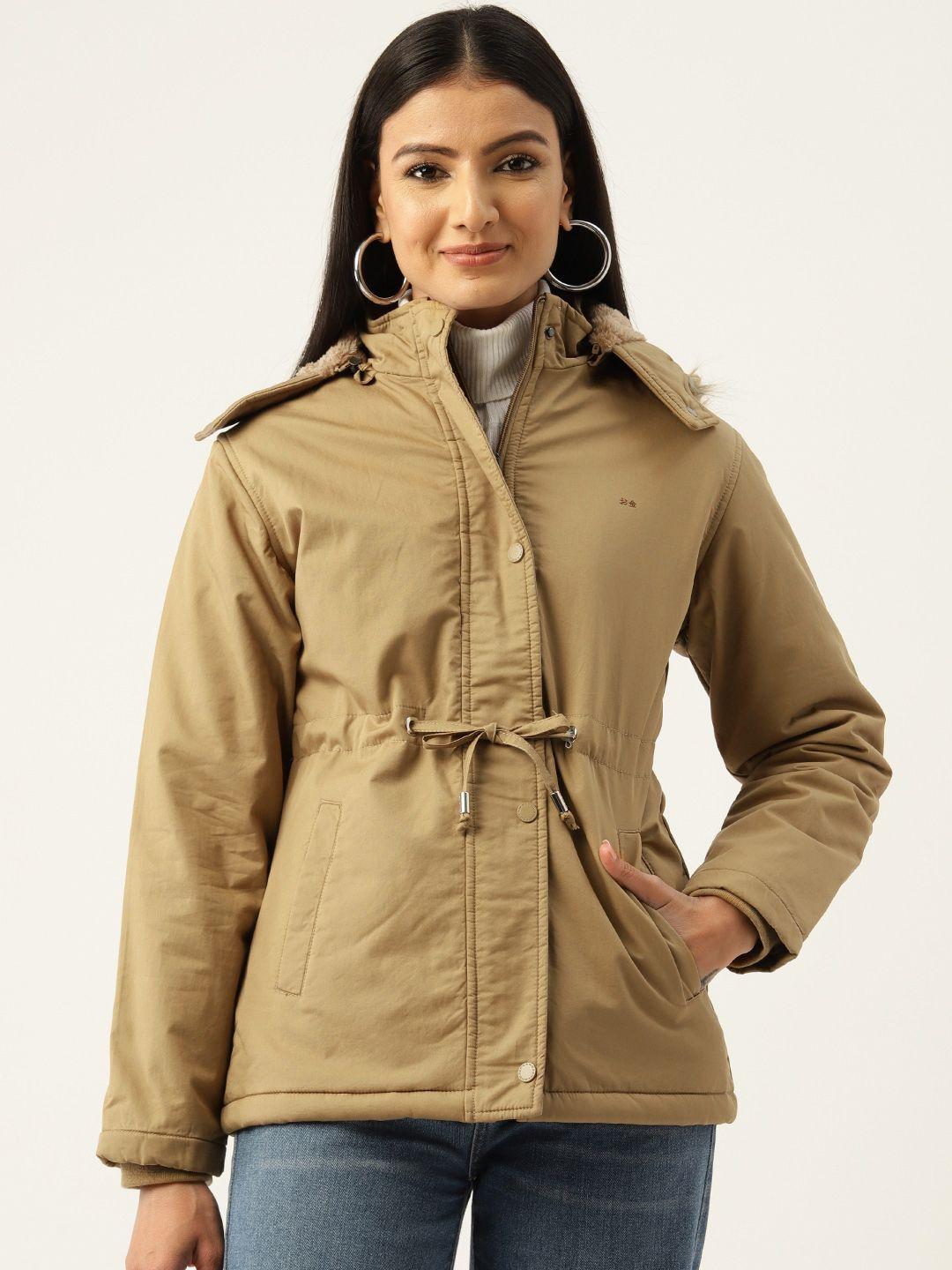 okane solid waist tie-up detail detachable hood padded jacket