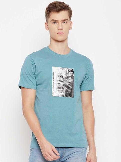 okane teal regular fit graphic print crew t-shirt