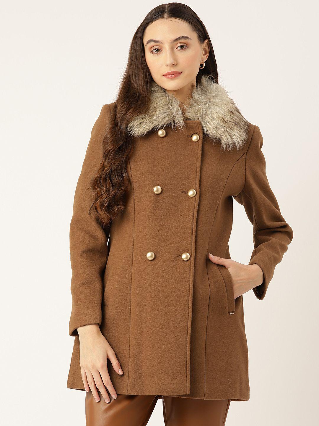 okane tweed double breasted faux fur trim longline overcoat