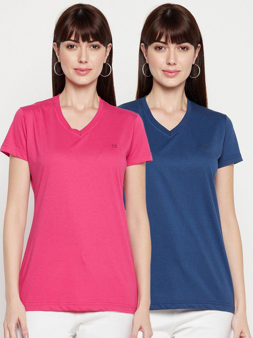 okane women blue 2 v-neck applique t-shirt