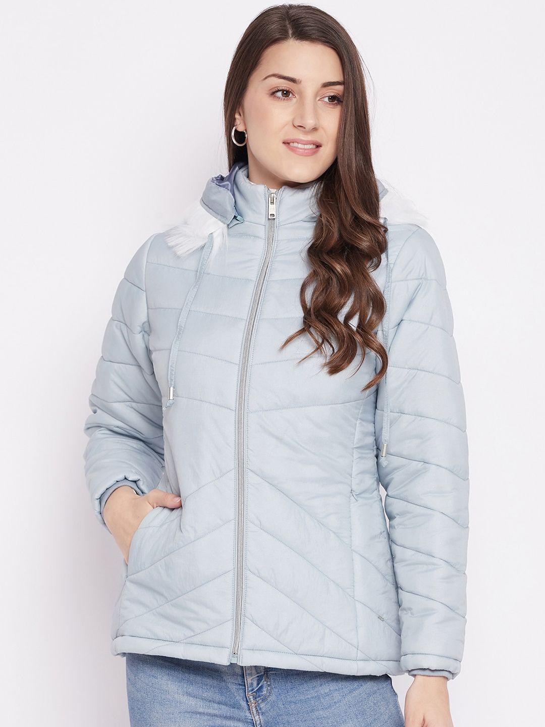 okane women blue lightweight padded jacket with detachable hood