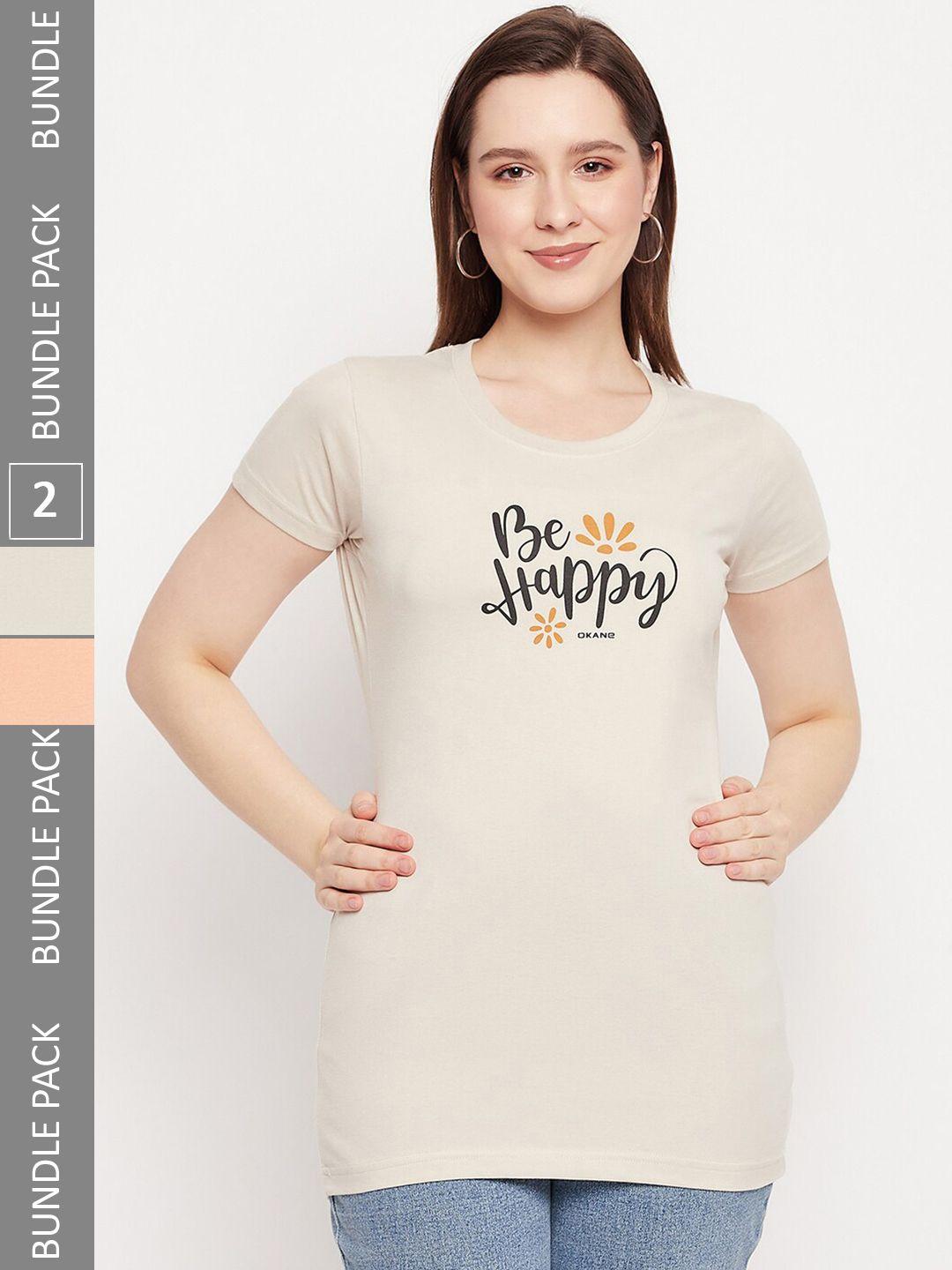 okane women cream-coloured typography 2 printed applique t-shirt