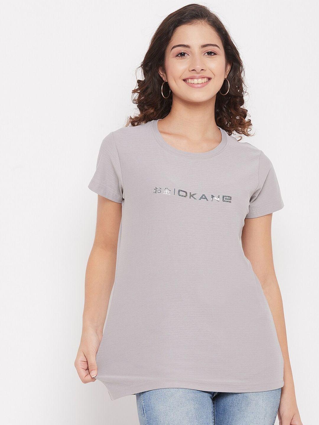 okane women grey typography applique t-shirt
