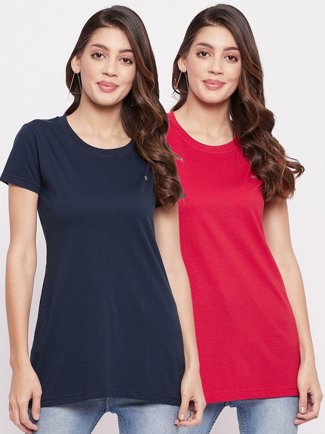 okane women navy blue & red solid t-shirt pack of 2