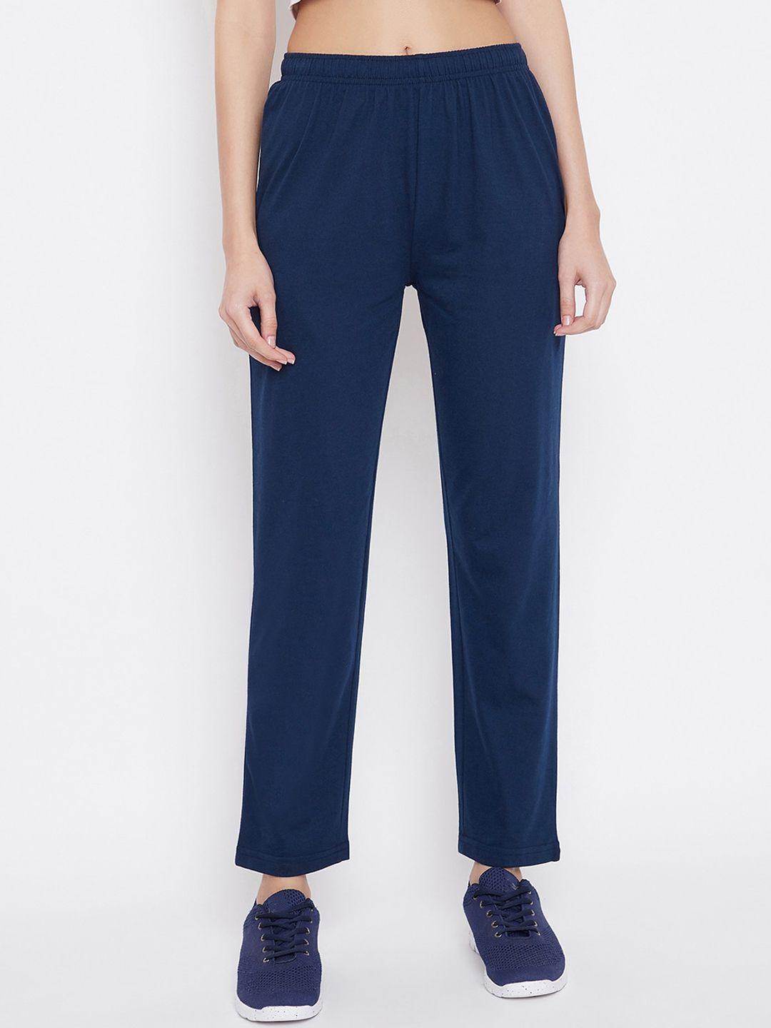 okane women navy blue solid cotton track pants