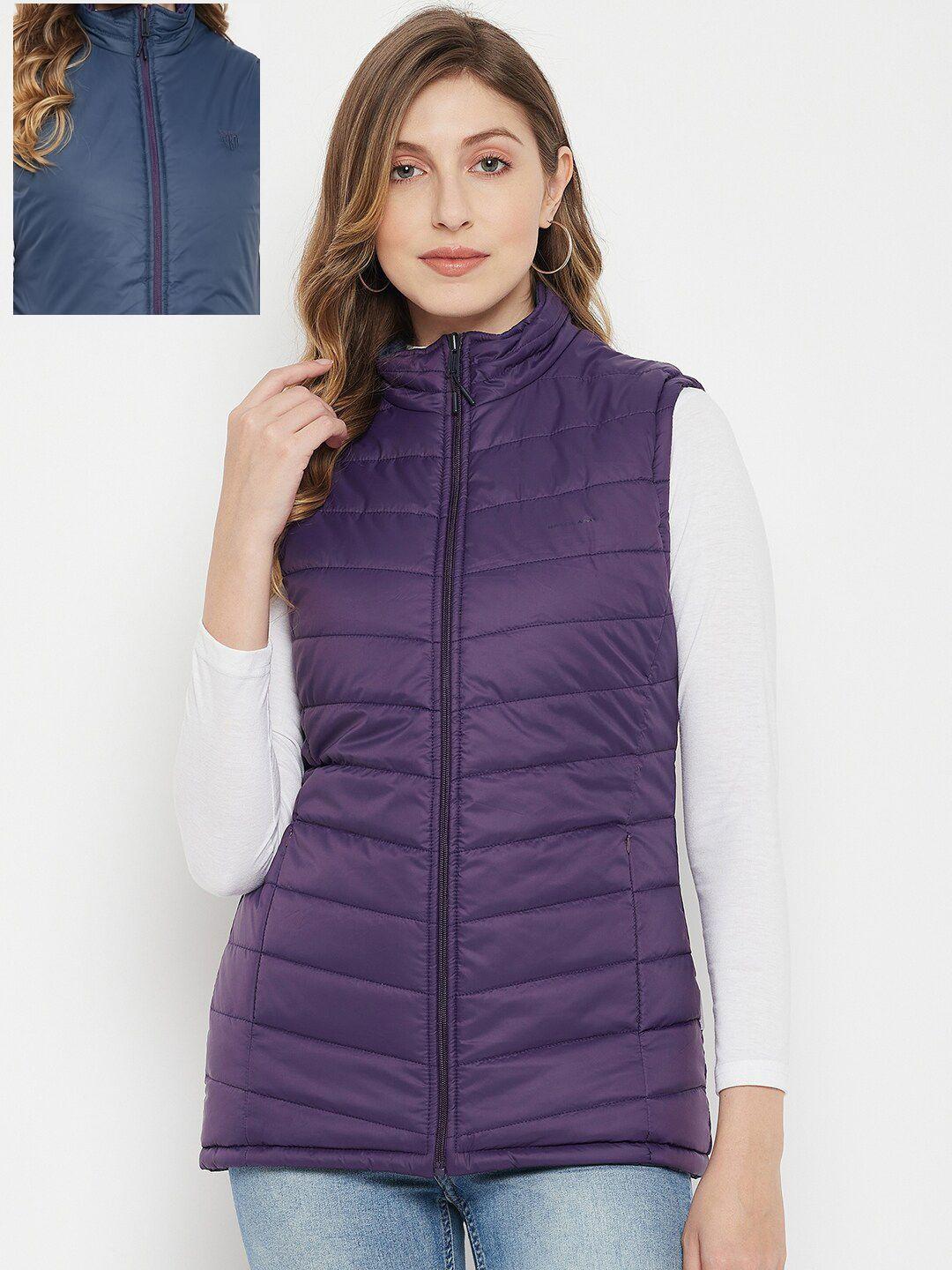 okane women purple & navy blue reversible padded jacket